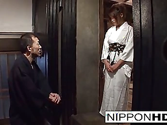 Asian in a kimono gets furry twat hole fingered