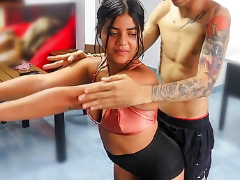 Stepbrother helps Indian Tinysis workout nearby his big booty