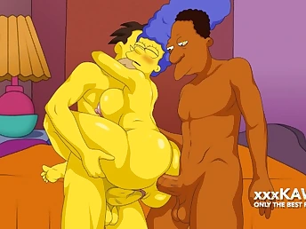 See Carl and Lenny all round a ultra-kinky 3some with Marge Simpson's humungous melons