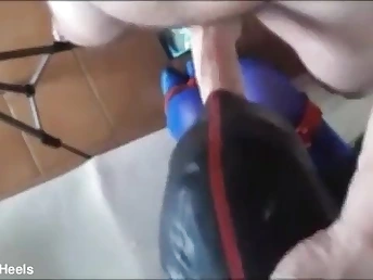 Laura On Heels & Rub-down the Throater get kinky in blindfolded bondage, to a fat cock & face-piercing amulet
