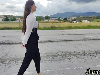 Cute teen beside long hair with an increment of a high heels gets a wet with an increment of wild open-air shower