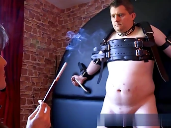 Oversexed cosset is sexually abusing this nasty guy slapping his pulling erection